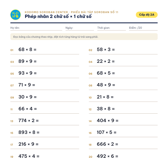 Phiếu 11 – Phép nhân 2 chữ số × 1 chữ số