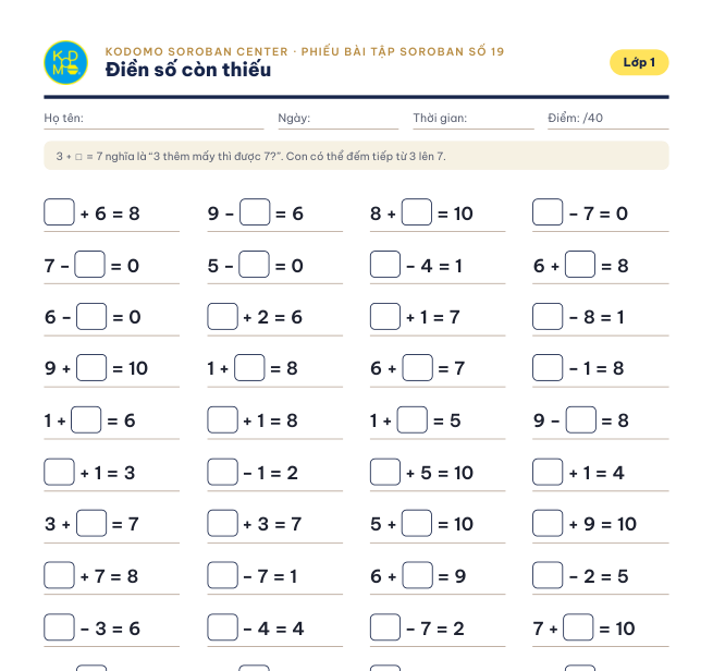 Phiếu 19 – Điền số còn thiếu