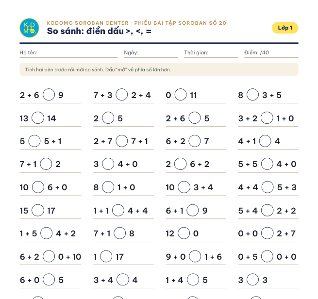Phiếu 20 – So sánh: điền dấu >, <, =
