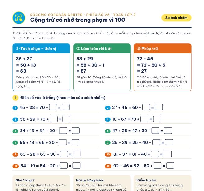 Phiếu 25 – Cộng trừ có nhớ – 3 cách nhẩm
