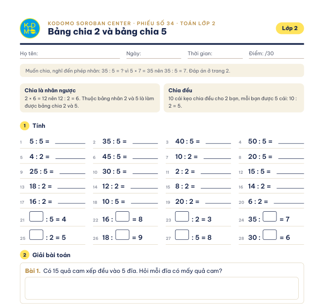Phiếu 34 – Bảng chia 2 và bảng chia 5
