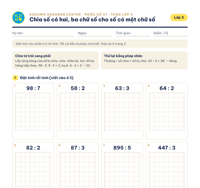 Phiếu 37 – Chia số có hai, ba chữ số cho số có một chữ số