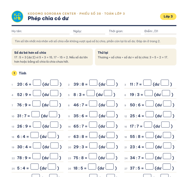 Phiếu 38 – Phép chia có dư