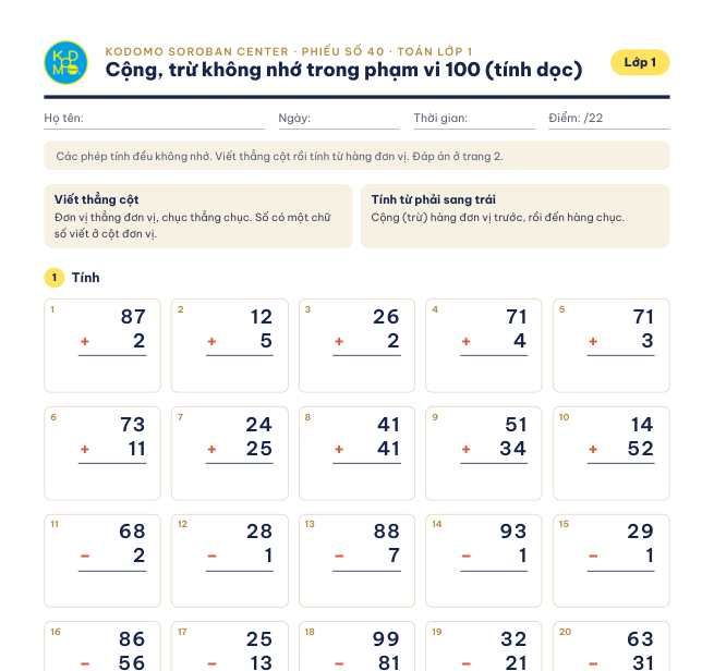 Phiếu 40 – Cộng, trừ không nhớ trong phạm vi 100 (tính dọc)
