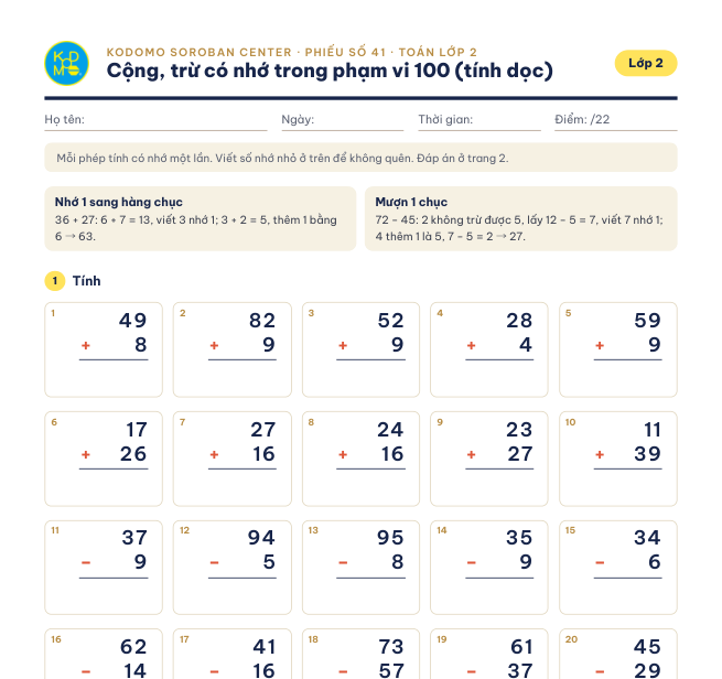 Phiếu 41 – Cộng, trừ có nhớ trong phạm vi 100 (tính dọc)
