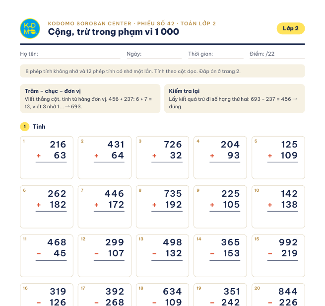 Phiếu 42 – Cộng, trừ trong phạm vi 1 000