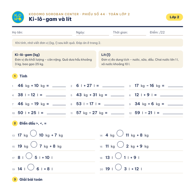 Phiếu 44 – Ki-lô-gam và lít