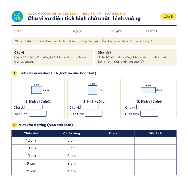 Phiếu 46 – Chu vi và diện tích hình chữ nhật, hình vuông