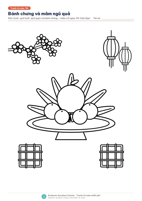 Bánh chưng và mâm ngũ quả – tranh tô màu