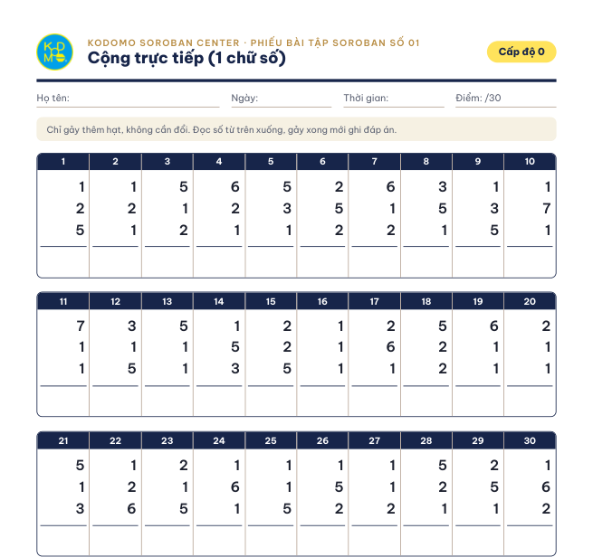 Phiếu 01 – Cộng trực tiếp 1 chữ số