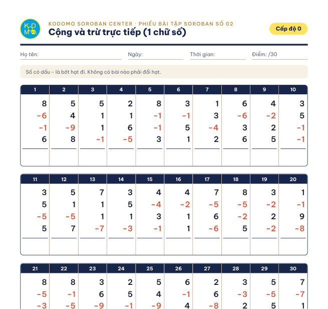Phiếu 02 – Cộng và trừ trực tiếp 1 chữ số