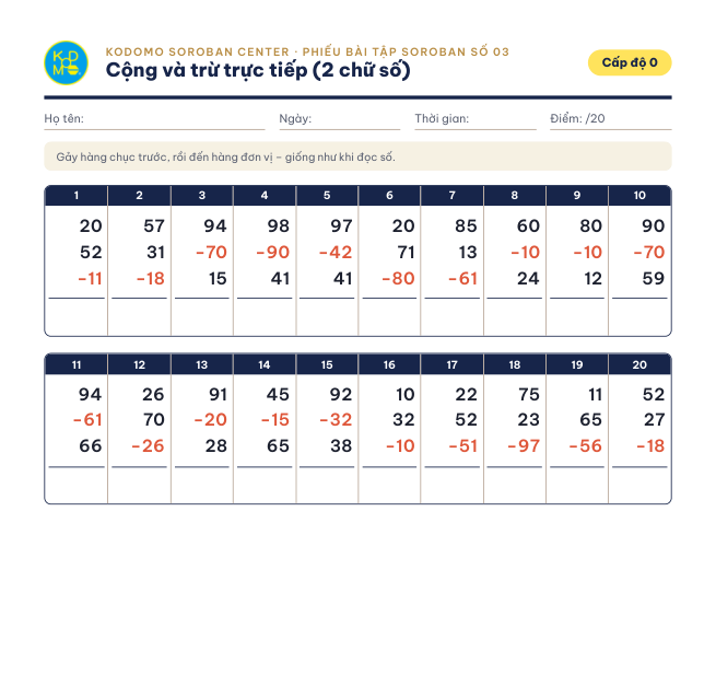 Phiếu 03 – Cộng và trừ trực tiếp 2 chữ số