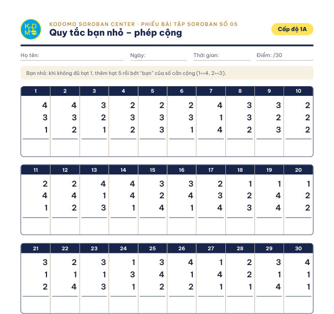 Phiếu 05 – Quy tắc bạn nhỏ, phép cộng