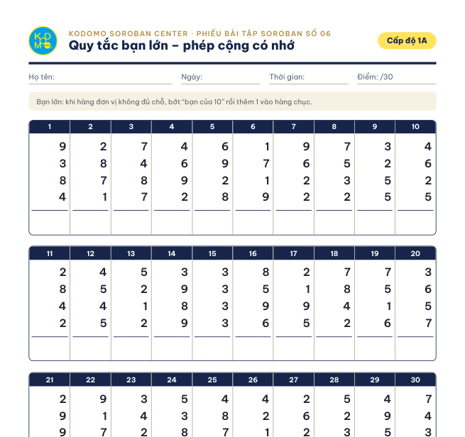 Phiếu 06 – Quy tắc bạn lớn, phép cộng có nhớ
