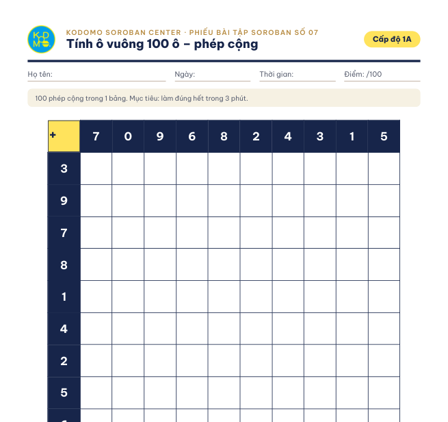 Phiếu 07 – Tính ô vuông 100 ô, phép cộng