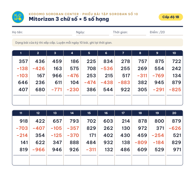 Phiếu 10 – Mitorizan 3 chữ số, 5 số hạng