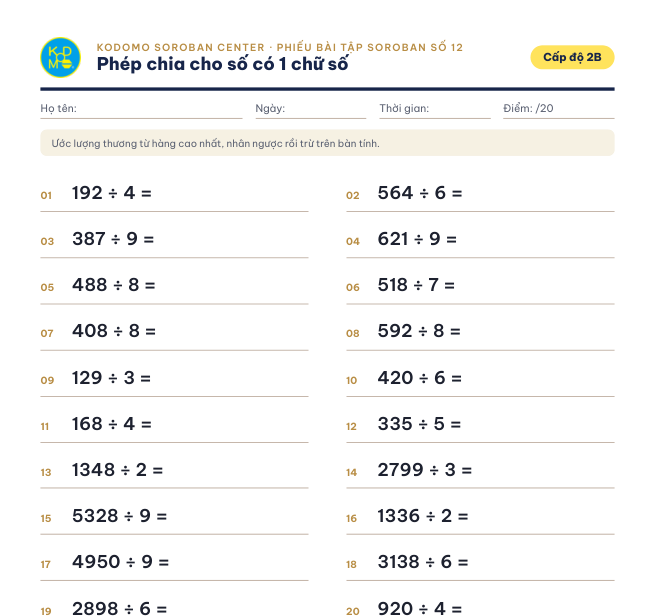 Phiếu 12 – Phép chia cho số có 1 chữ số