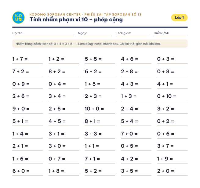 Phiếu 13 – Tính nhẩm phạm vi 10 – phép cộng