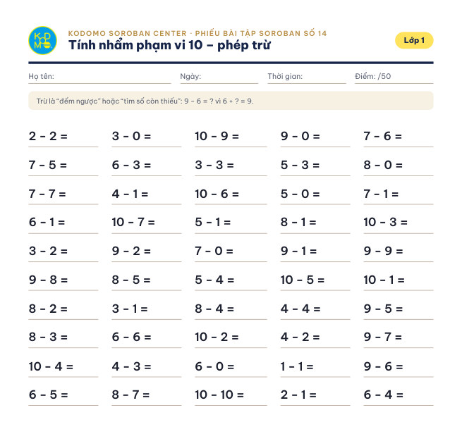 Phiếu 14 – Tính nhẩm phạm vi 10 – phép trừ