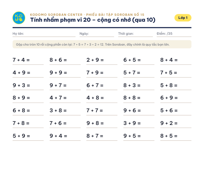 Phiếu 15 – Tính nhẩm phạm vi 20 – cộng qua 10