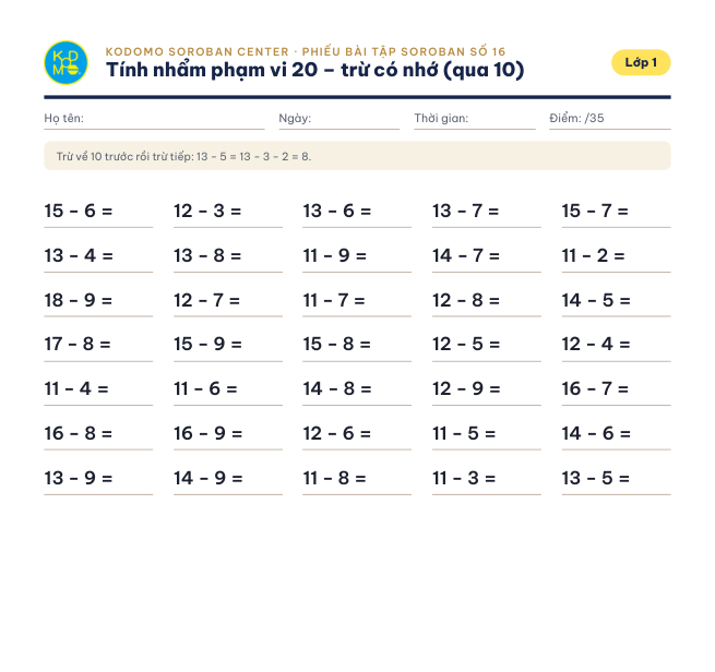 Phiếu 16 – Tính nhẩm phạm vi 20 – trừ qua 10