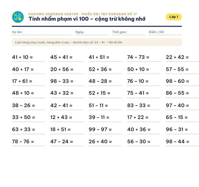 Phiếu 17 – Tính nhẩm phạm vi 100 – không nhớ