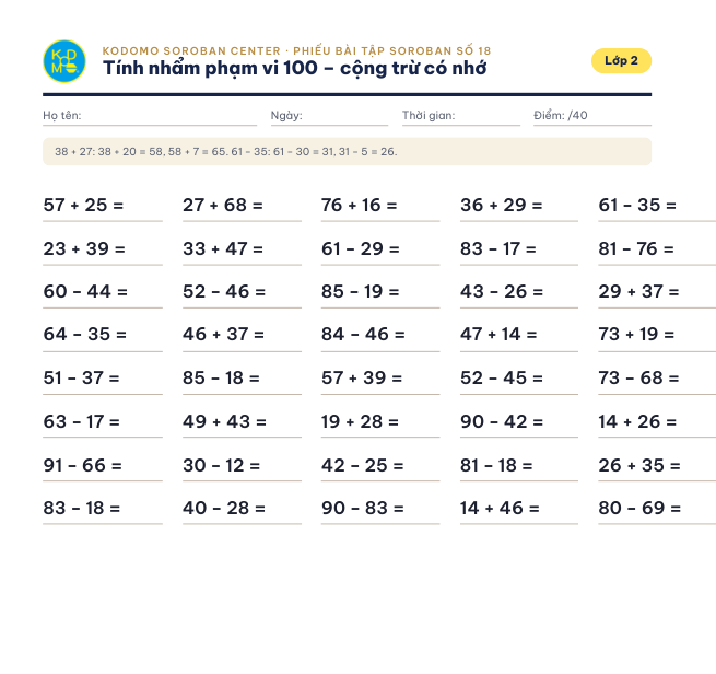 Phiếu 18 – Tính nhẩm phạm vi 100 – có nhớ