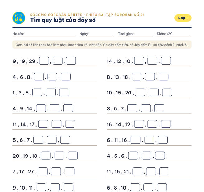 Phiếu 21 – Tìm quy luật của dãy số