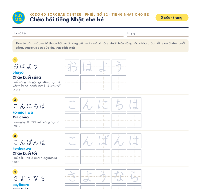 File chào hỏi tiếng Nhật số 32: mỗi câu chào có chữ mẫu Hiragana, phiên âm, nghĩa tiếng Việt, một hàng ô tô và một hàng ô tự viết