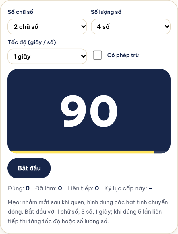 Màn hình công cụ Flash Anzan: chọn 2 chữ số, 4 số, tốc độ 1 giây, ô Có phép trừ chưa đánh dấu; số 90 hiện lớn trên nền xanh đậm, bên dưới là nút Bắt đầu, dòng thống kê và dòng Mẹo